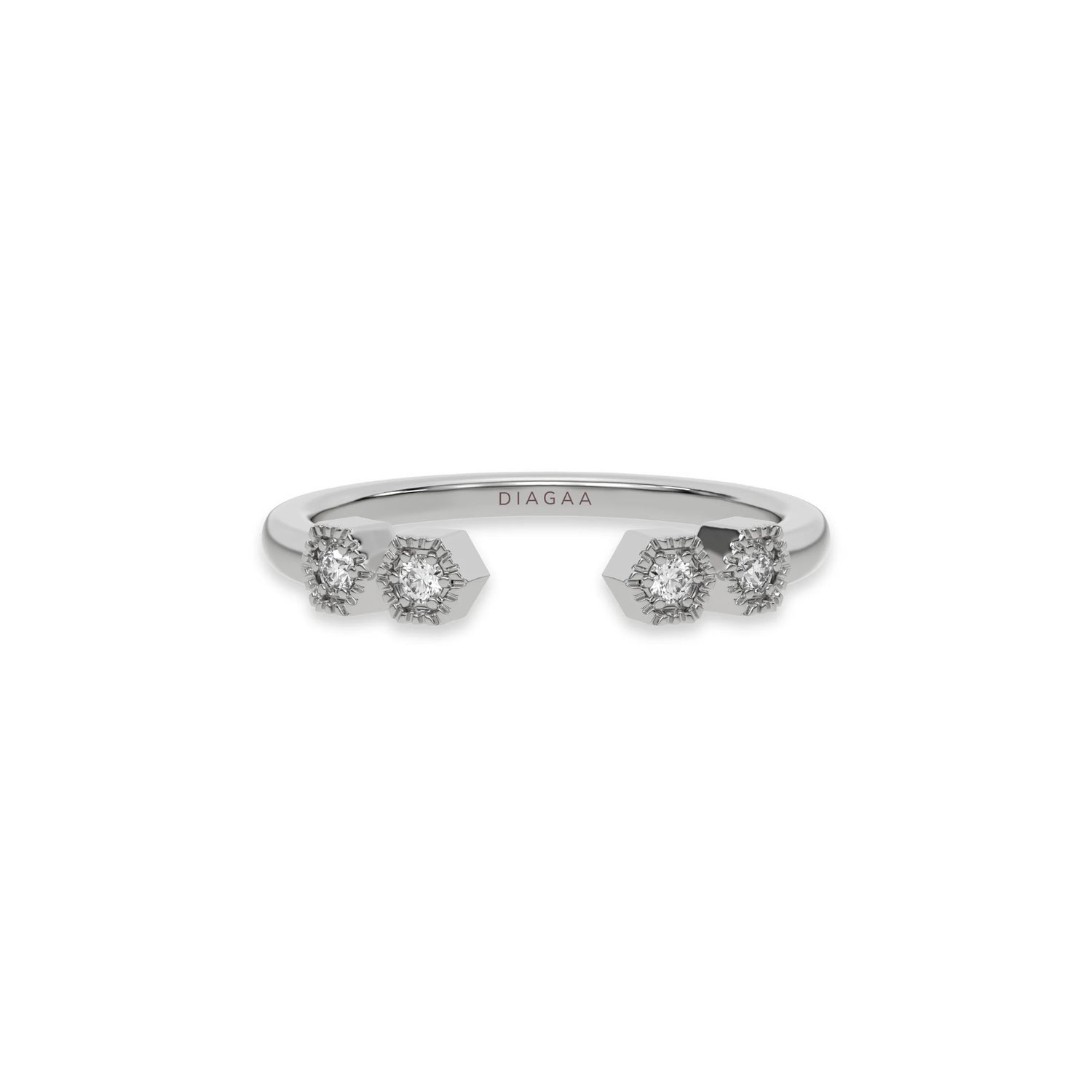 white gold open cuff ring by featuring four round diamonds in geometric hexagonal settings. Modern minimalist gap band.