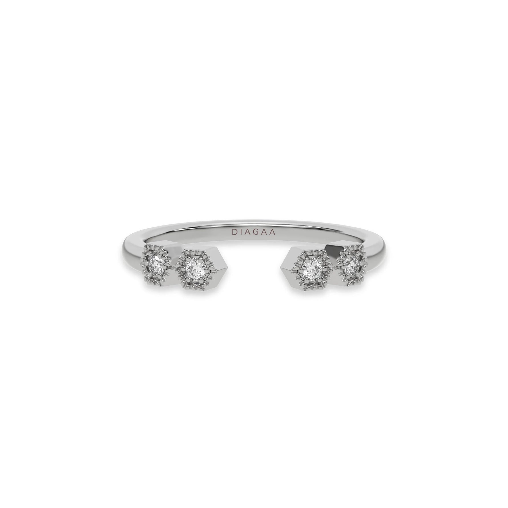 white gold open cuff ring by featuring four round diamonds in geometric hexagonal settings. Modern minimalist gap band.