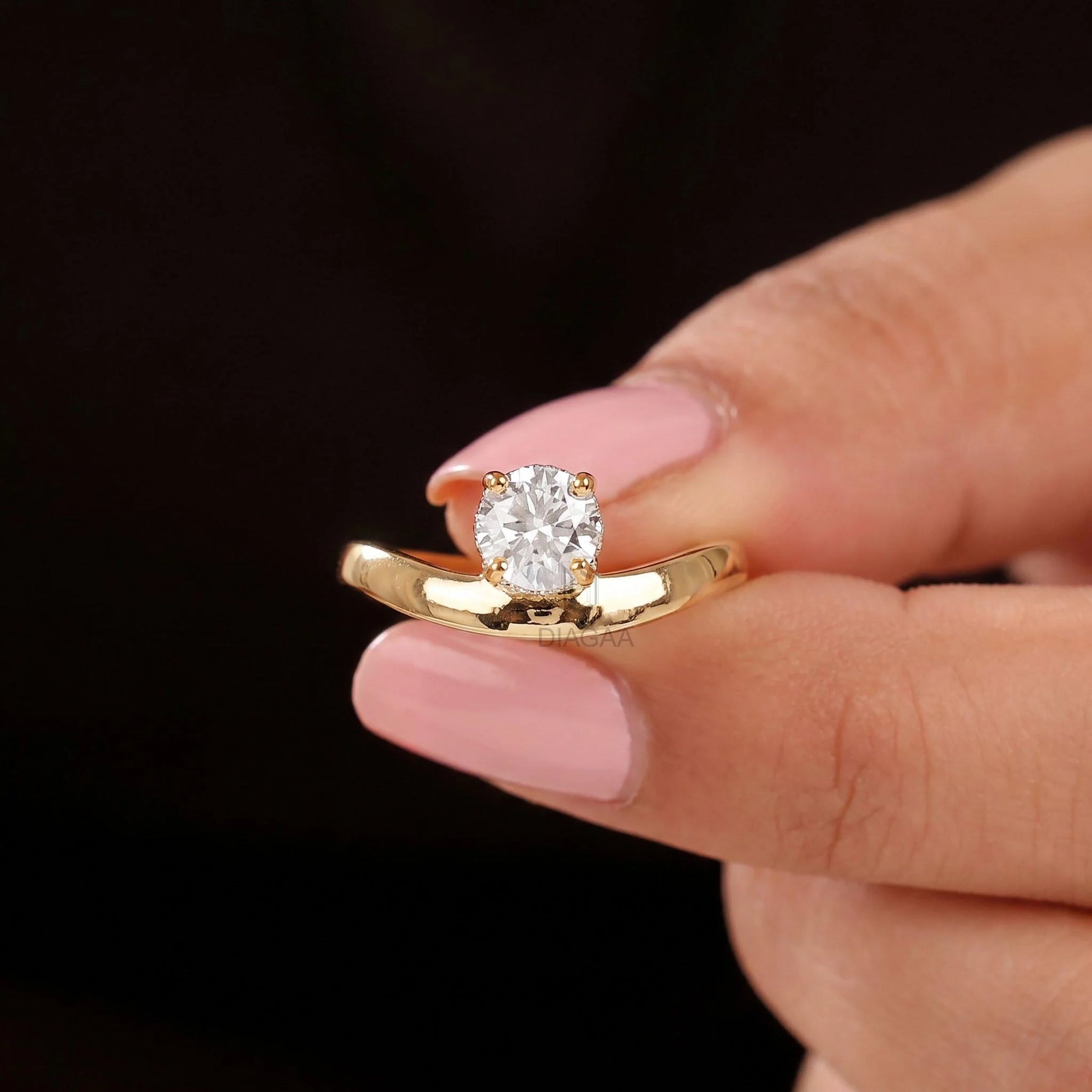 10K yellow gold round diamond hidden halo engagement ring with a curved band
