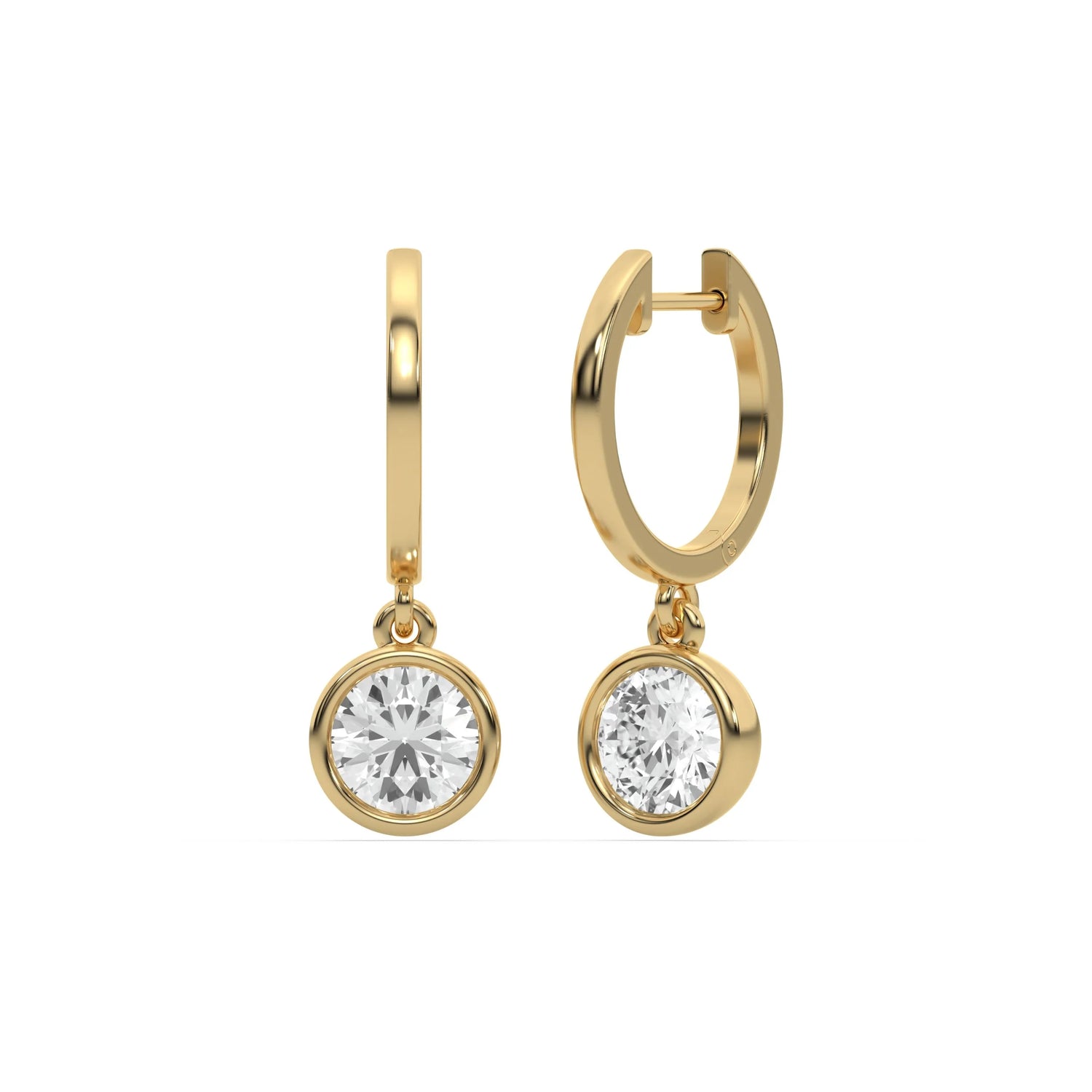 10k yellow gold round cut diamond dangling hoop earrings in bezel setting