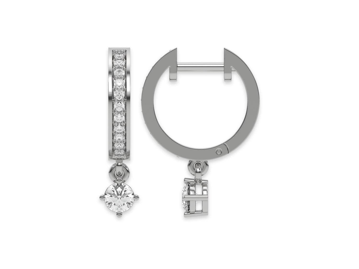 14k white gold round cut diamond dangling hoop earrings in pave setting