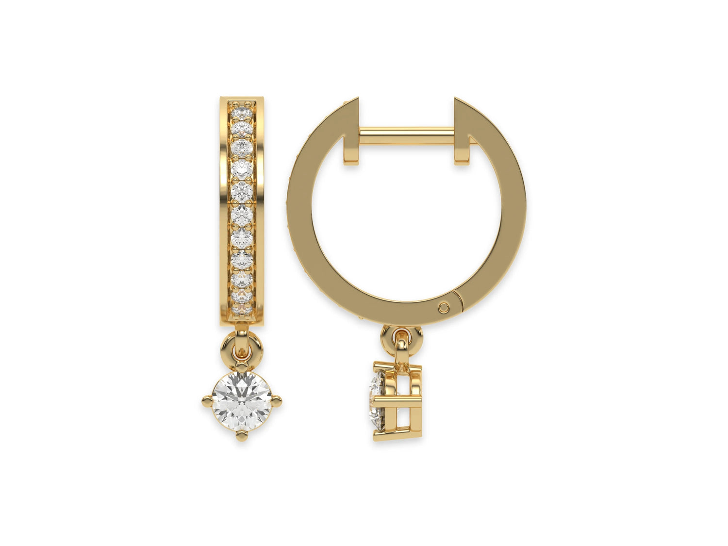 18k yellow gold round cut diamond dangling hoop earrings in pave setting