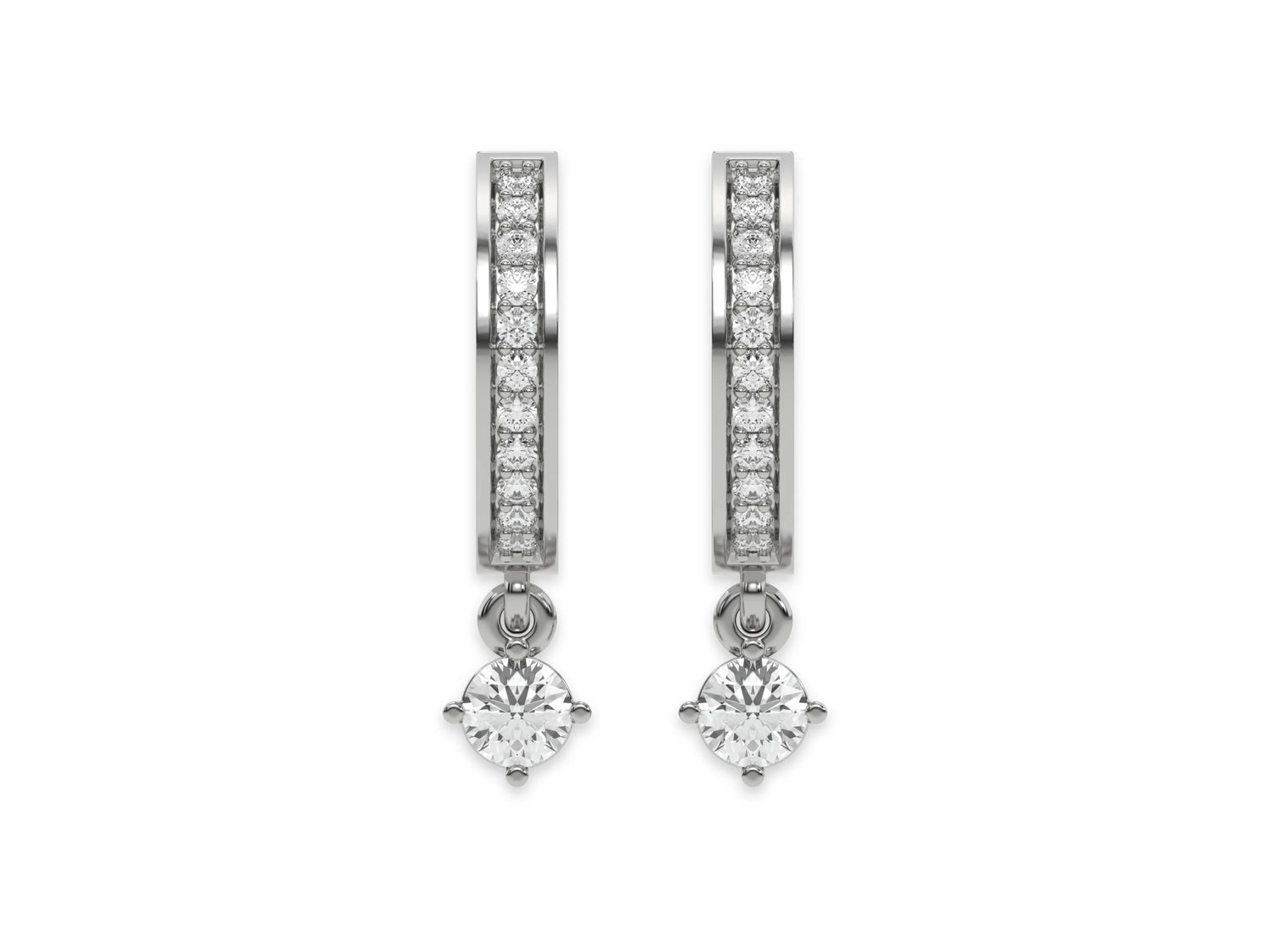 18k white gold round cut diamond dangling hoop earrings in pave setting