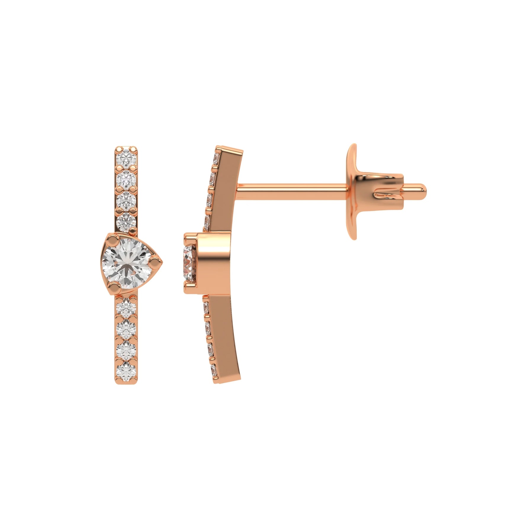 10k rose gold round cut diamond arranged in trillion shape bar stud earrings set in prongs.
