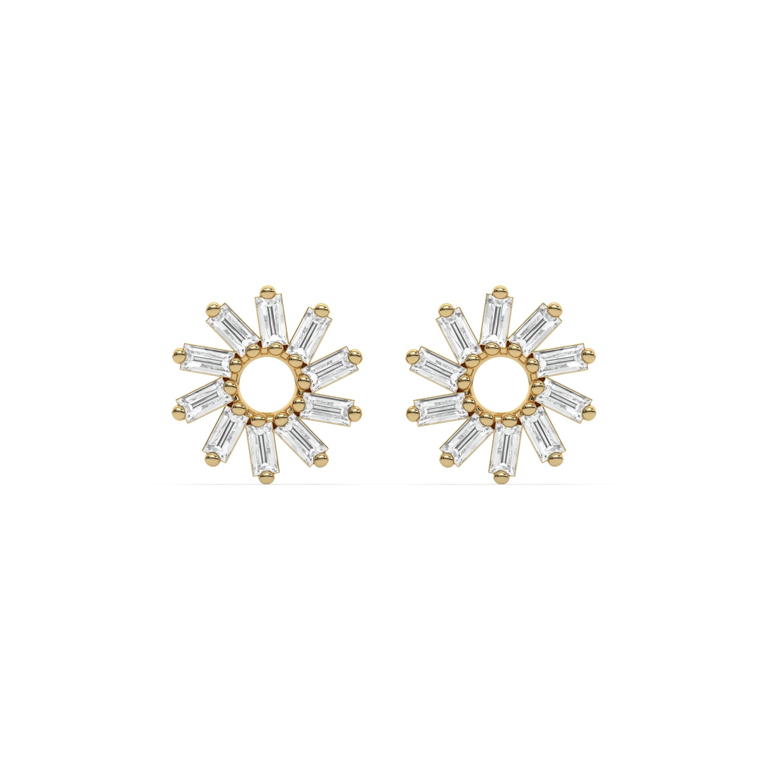 18k yellow gold natural baguette diamond flower stud earrings