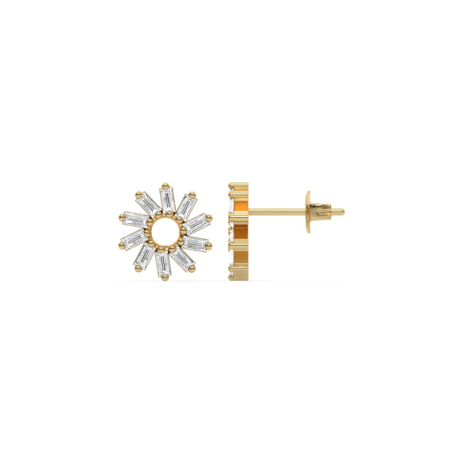 18k yellow gold natural baguette diamond flower stud earrings