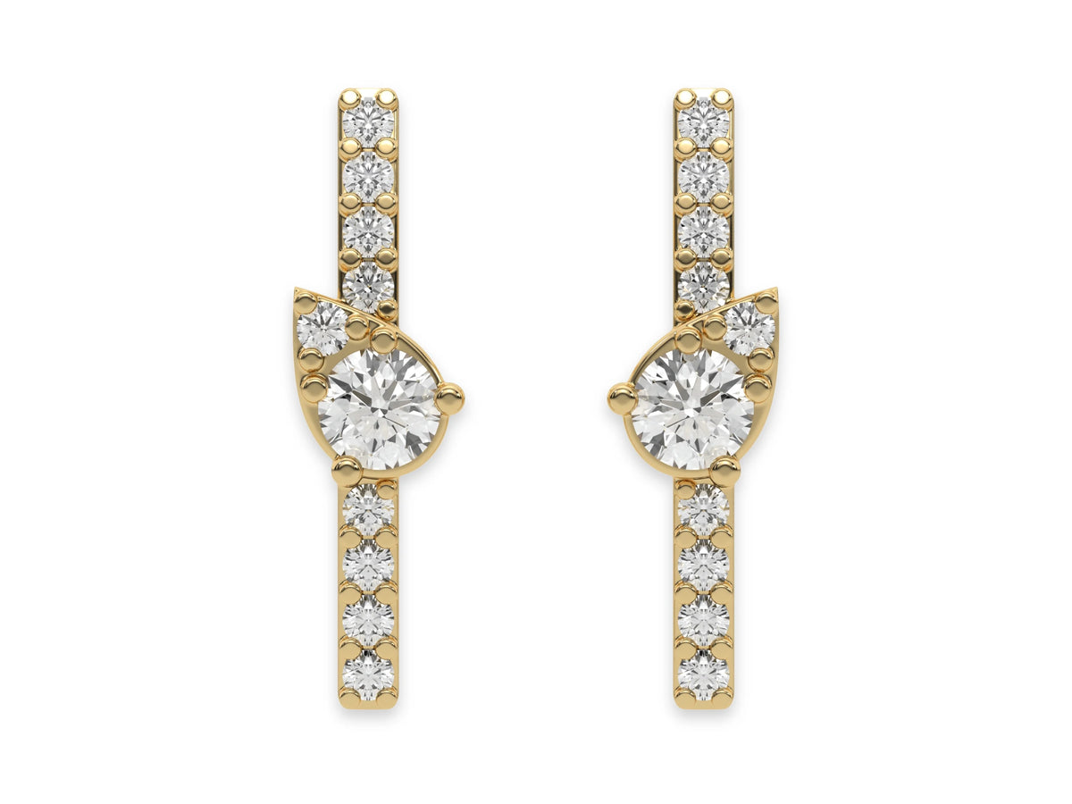 14k yellow gold round cut diamond arranged in pear shape bar stud earrings set in prongs.