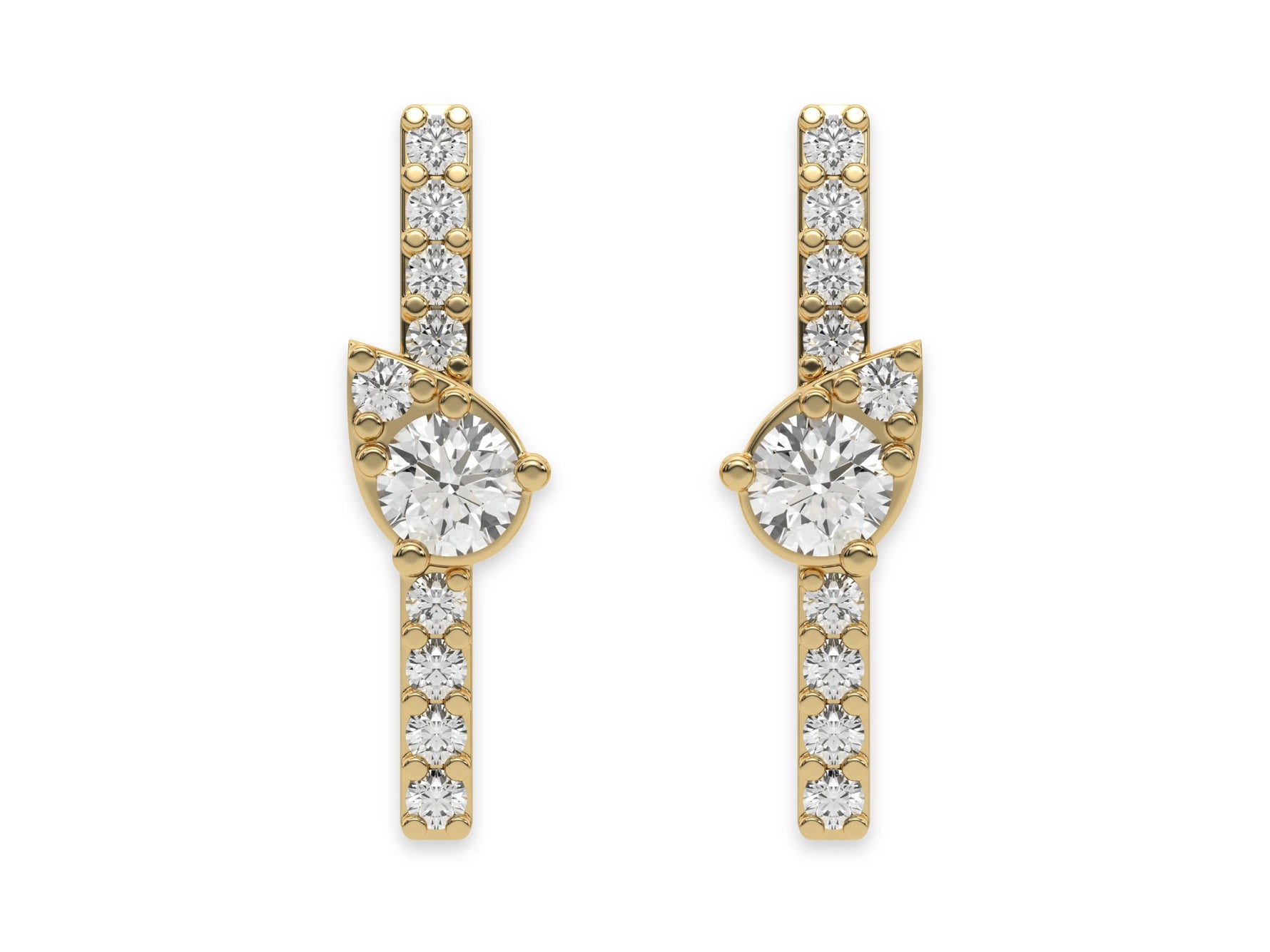 14k yellow gold round cut diamond arranged in pear shape bar stud earrings set in prongs.