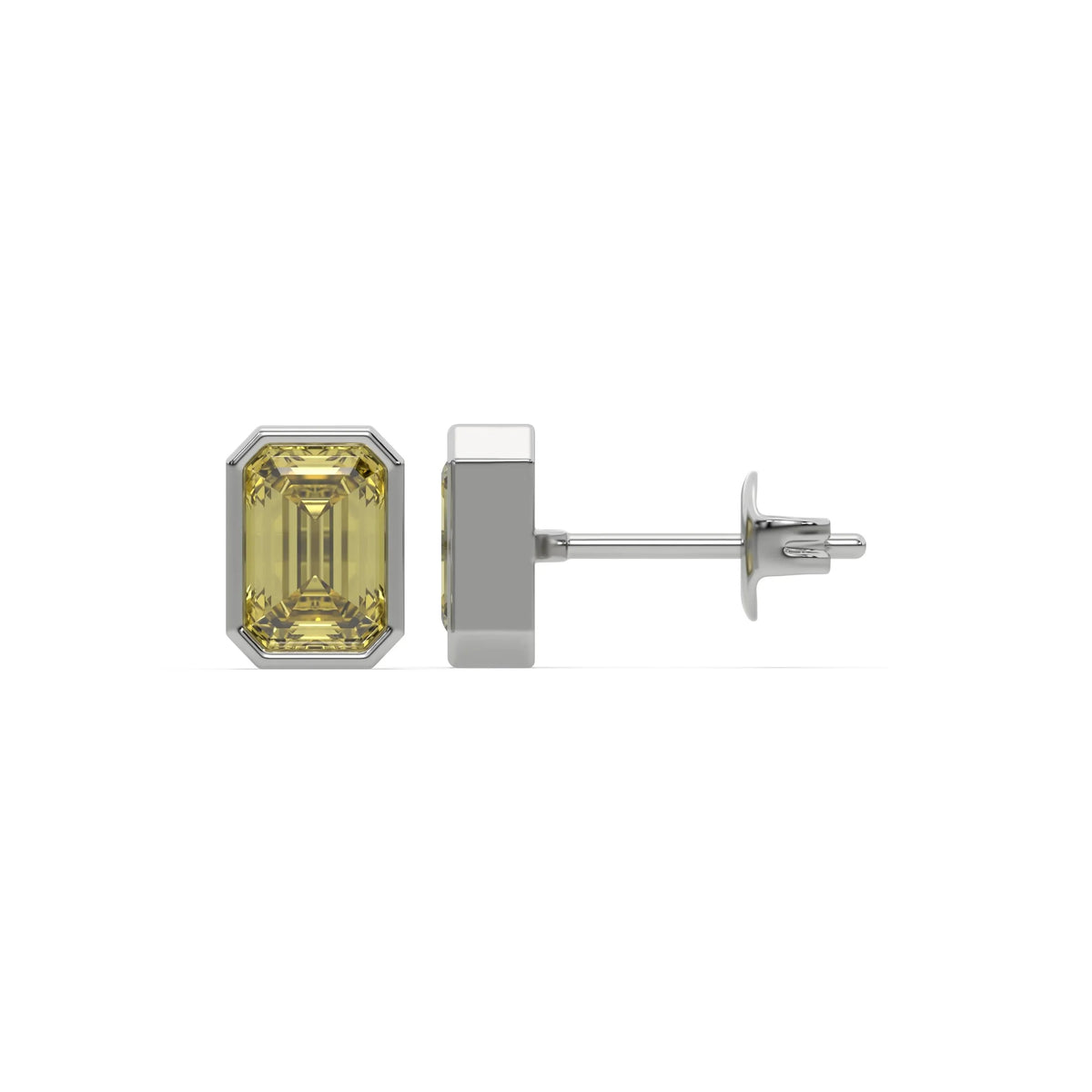 10k white gold fancy yellow emerald cut diamond solitaire earrings set in bezel