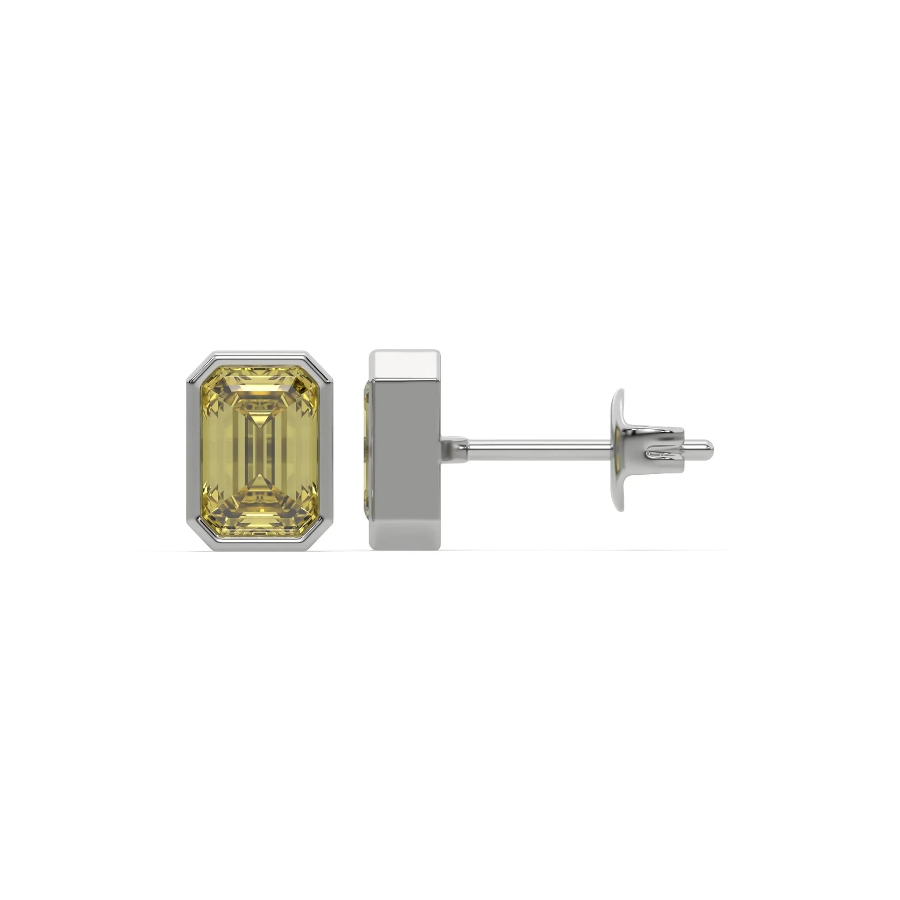 10k white gold fancy yellow emerald cut diamond solitaire earrings set in bezel