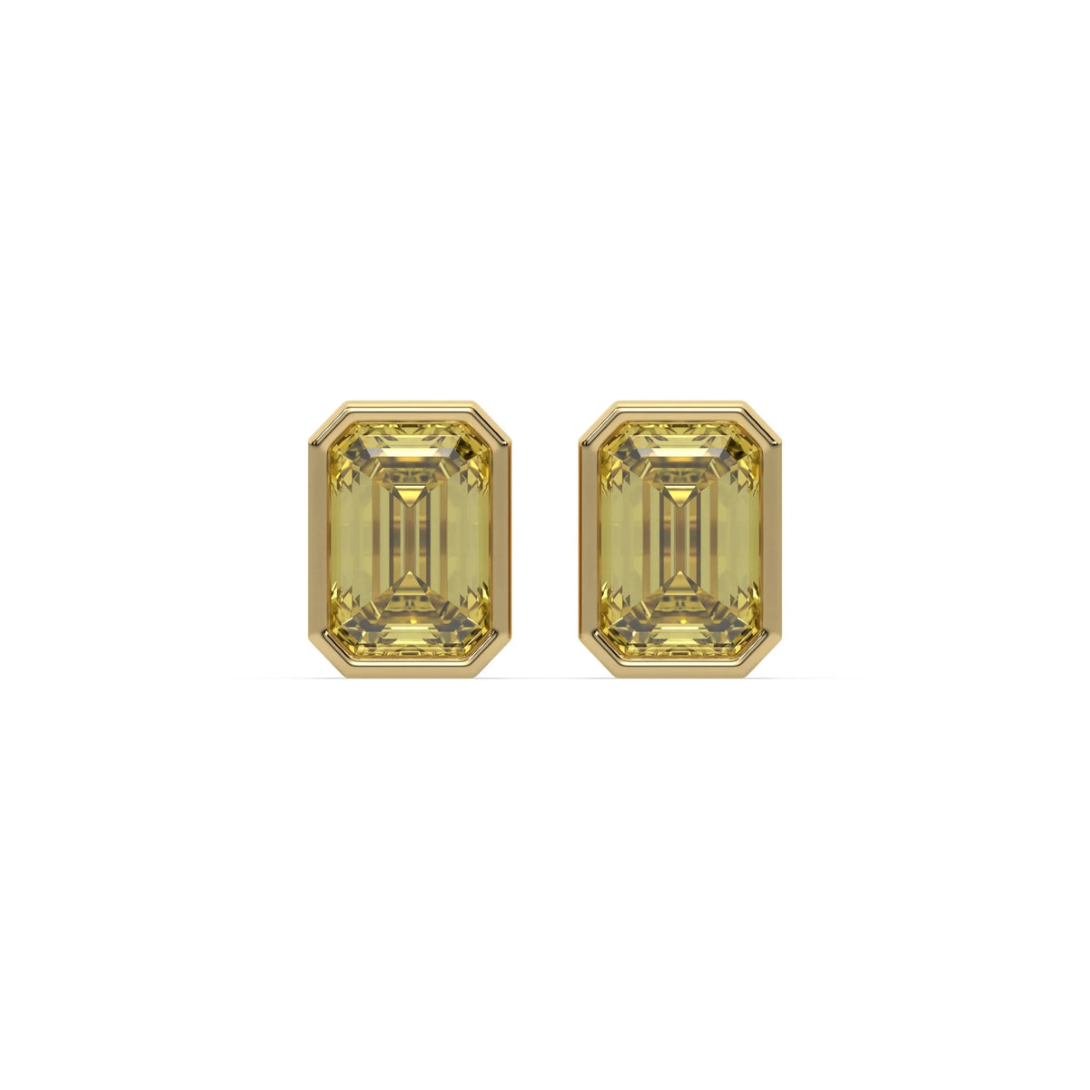18k yellow gold fancy yellow emerald cut diamond solitaire earrings set in bezel