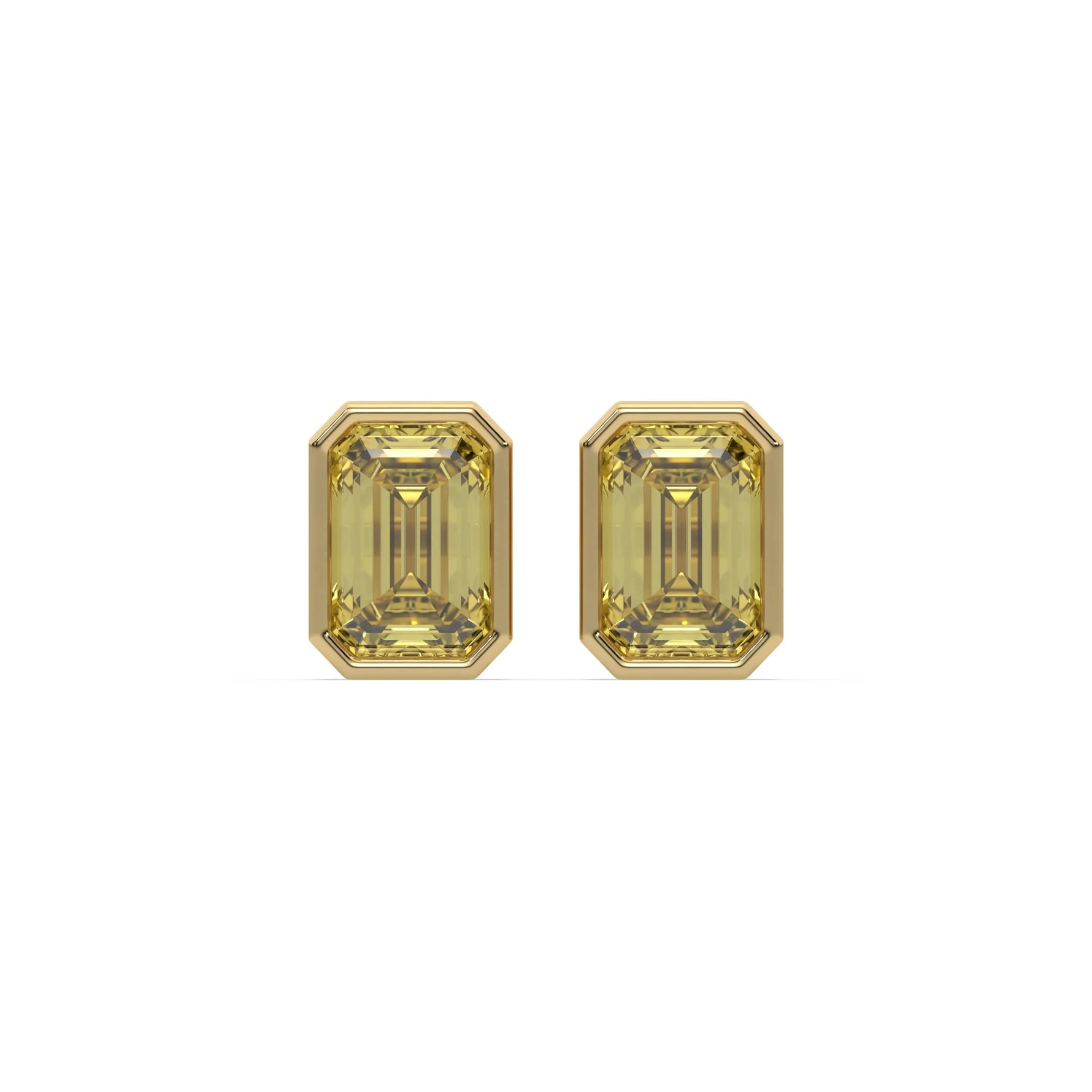 18k yellow gold fancy yellow emerald cut diamond solitaire earrings set in bezel
