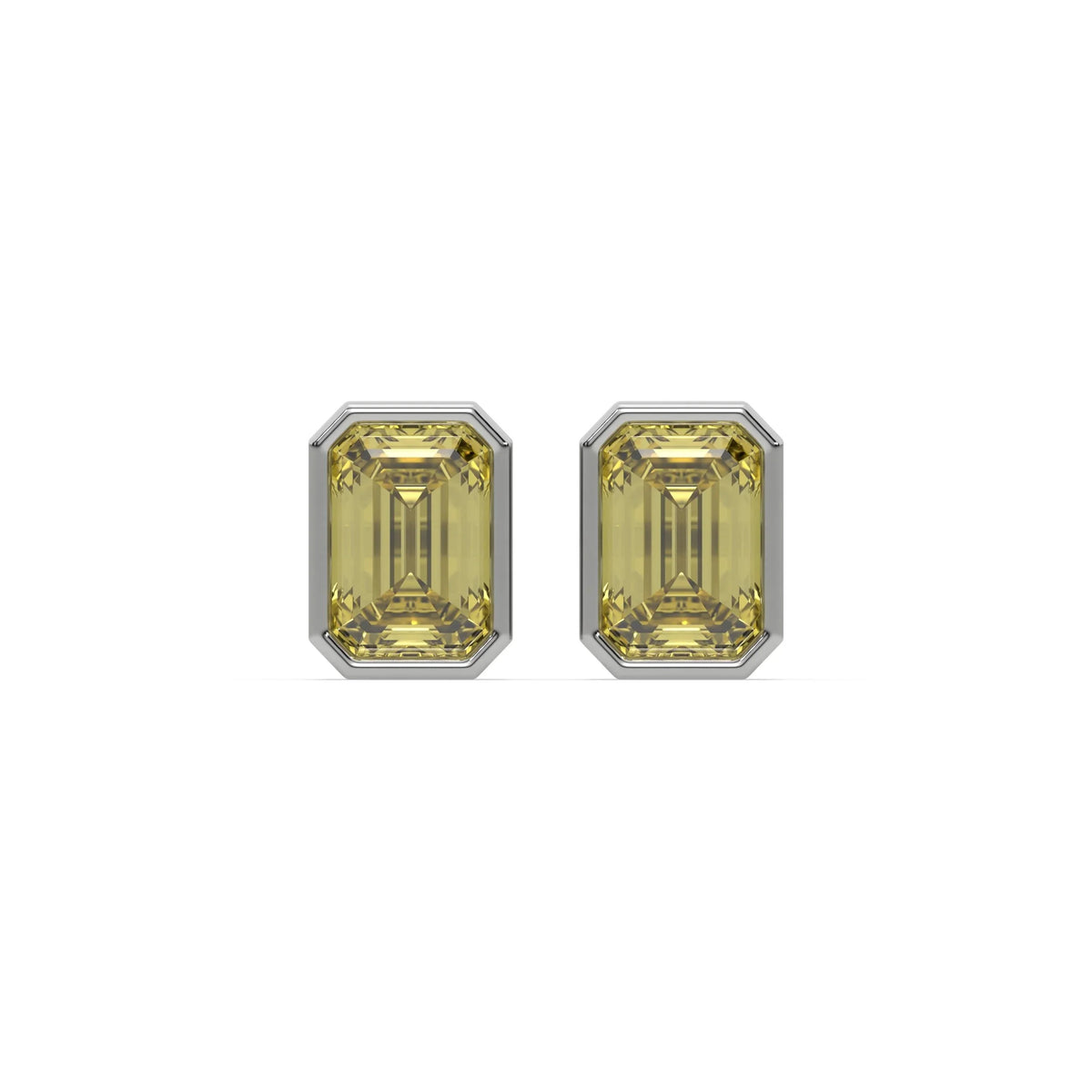 14k white gold fancy yellow emerald cut diamond stud earrings set in bezel
