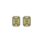 14k white gold fancy yellow emerald cut diamond stud earrings set in bezel