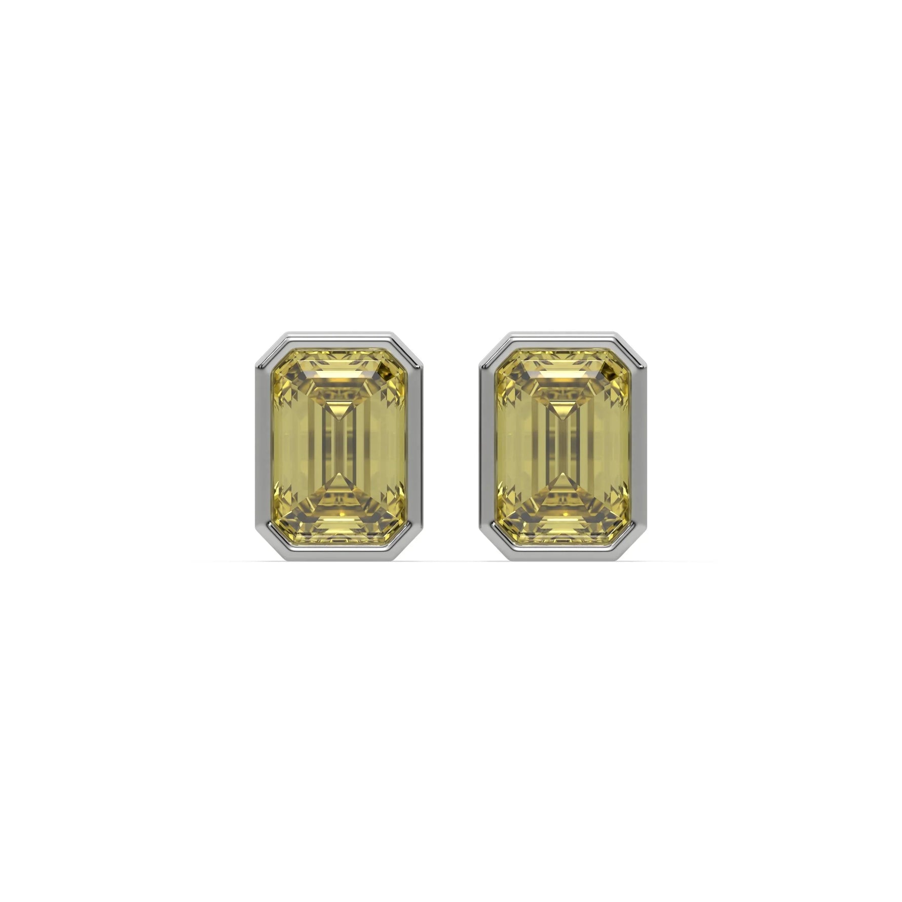 14k white gold fancy yellow emerald cut diamond stud earrings set in bezel