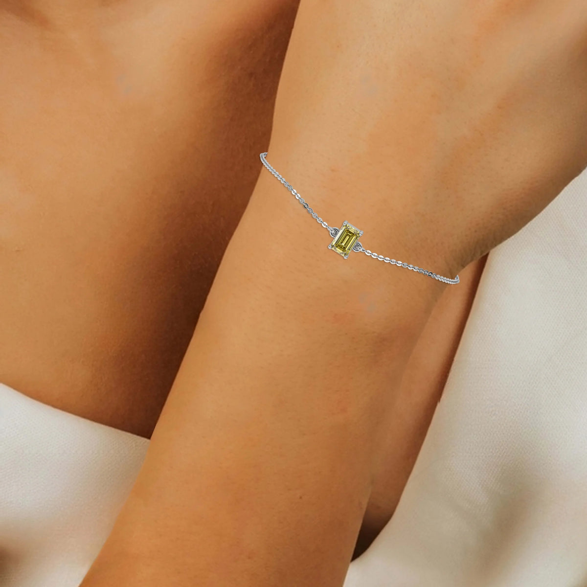 14K White Gold 1 CT Fancy Yellow Emerald Solitaire Diamond Bracelet 