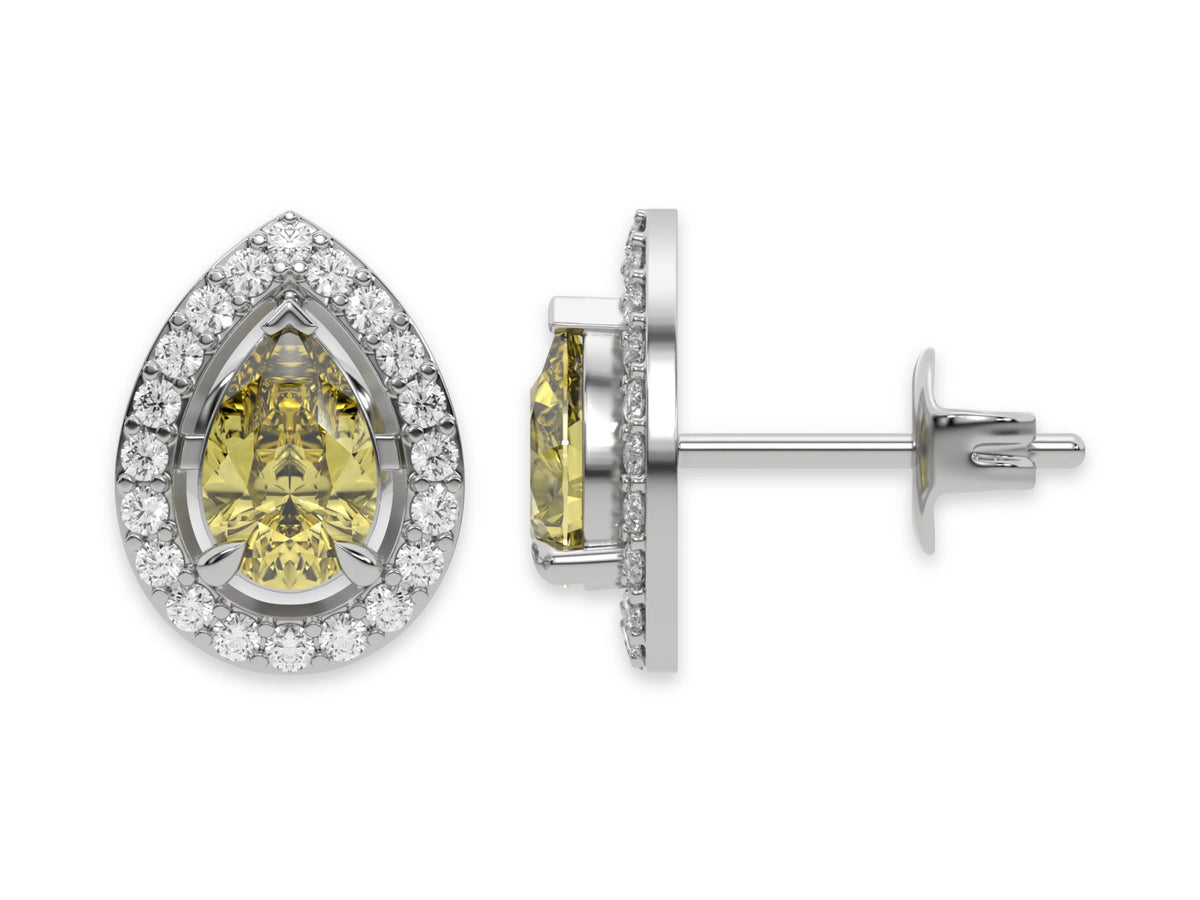 18k white gold Pear Diamond Halo Earrings made with a fancy yellow pear cut solitaire diamonds set in a four prong setting.