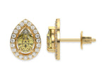 18k yellow gold Pear Diamond Halo Earrings made with a fancy yellow pear cut solitaire diamonds set in a four prong setting.
