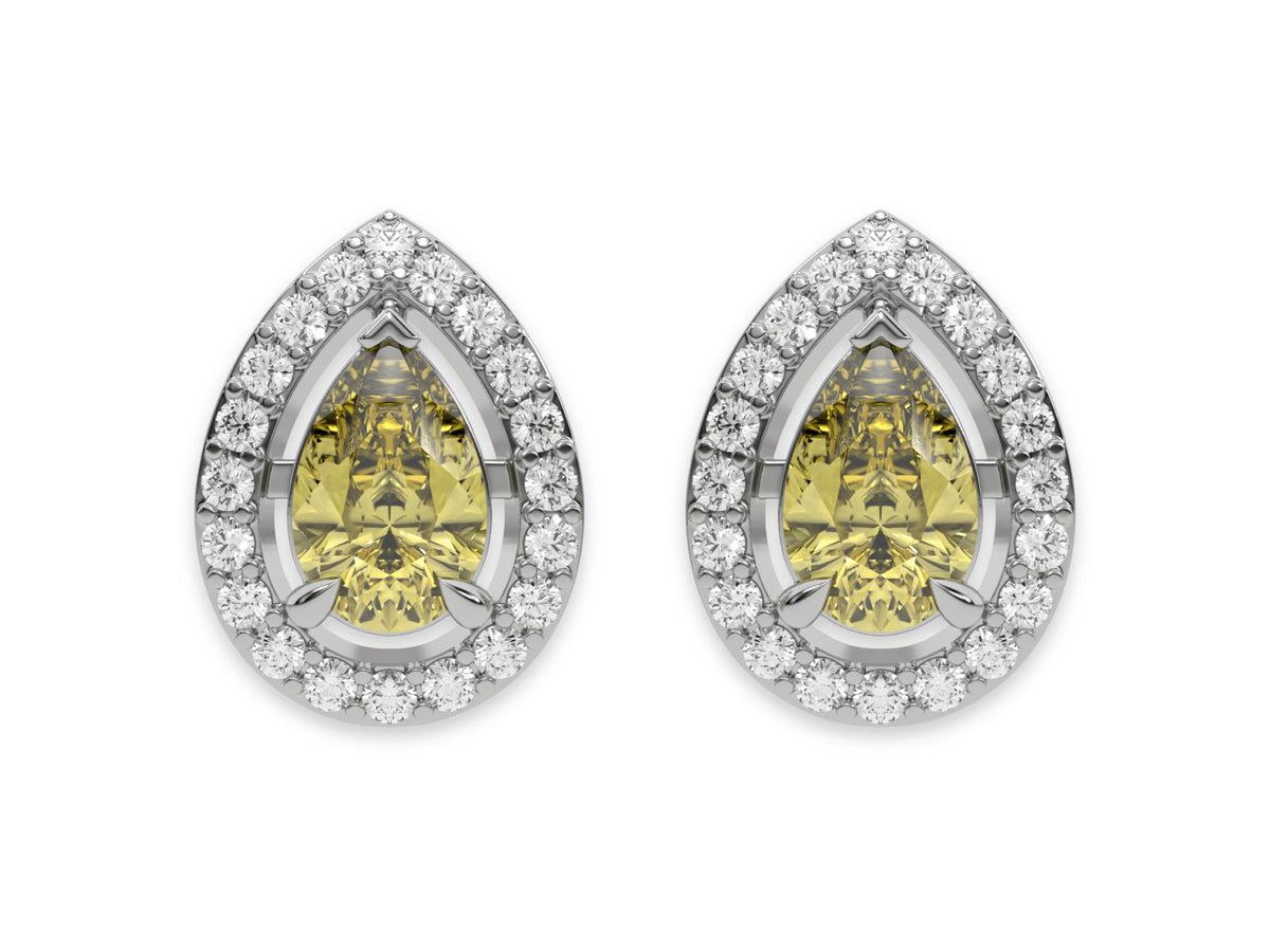 10k white gold Pear Diamond Halo Earrings made with a fancy yellow pear cut solitaire diamonds set in a four prong setting.