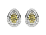 10k white gold Pear Diamond Halo Earrings made with a fancy yellow pear cut solitaire diamonds set in a four prong setting.