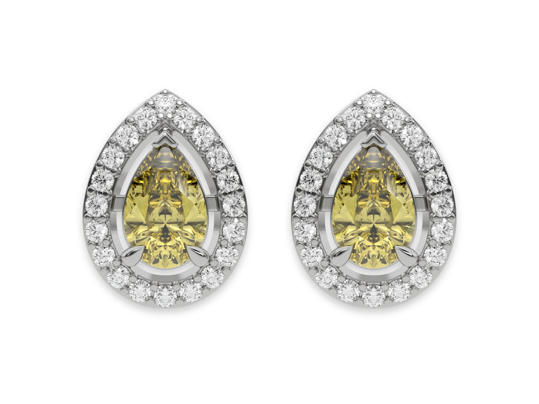 10k white gold Pear Diamond Halo Earrings made with a fancy yellow pear cut solitaire diamonds set in a four prong setting.