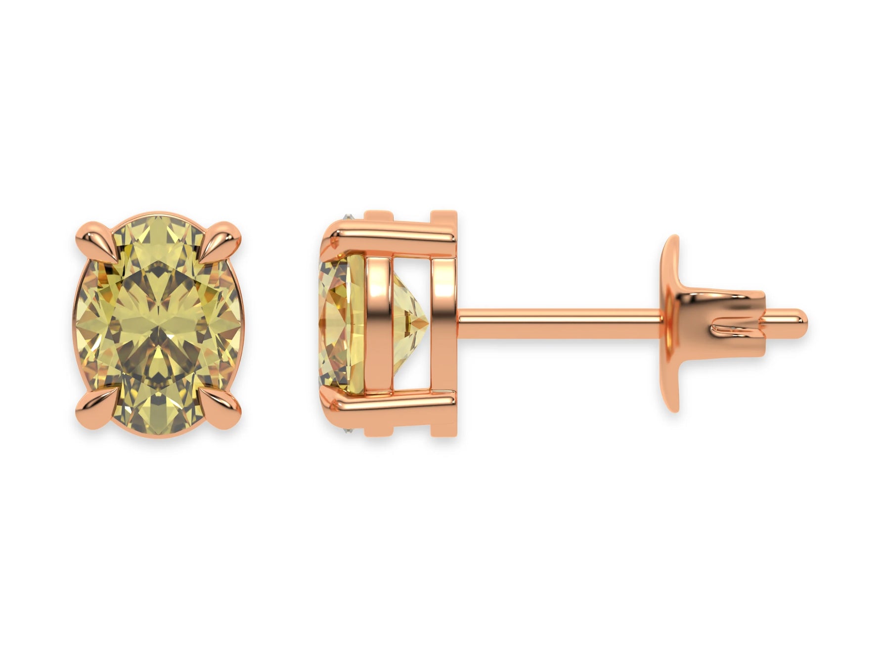 18k rose gold oval diamond stud Earrings made with an fancy yellow oval cut diamond set in a four prong setting