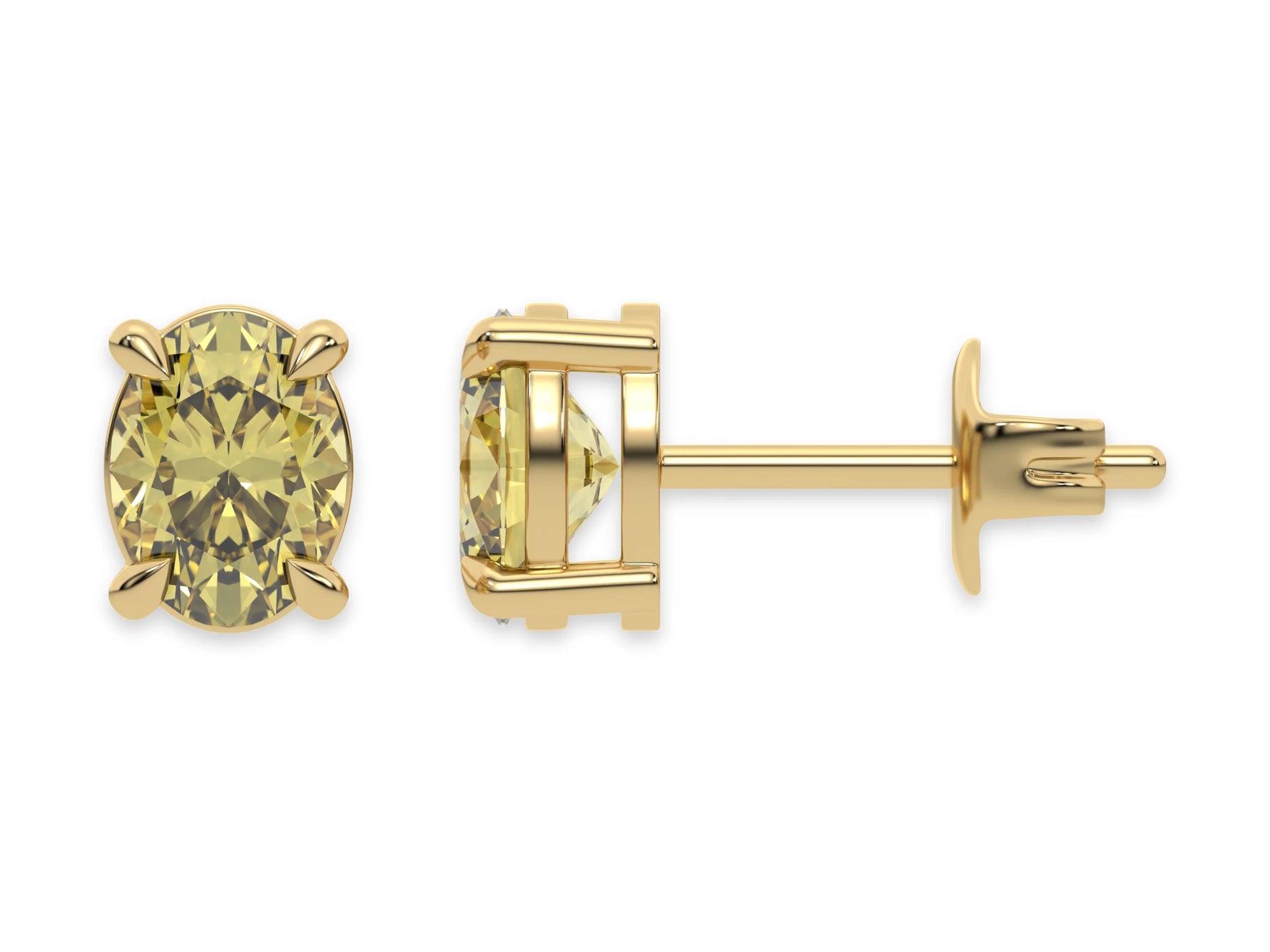 18k yellow gold oval diamond stud Earrings made with an fancy yellow oval cut diamond set in a four prong setting