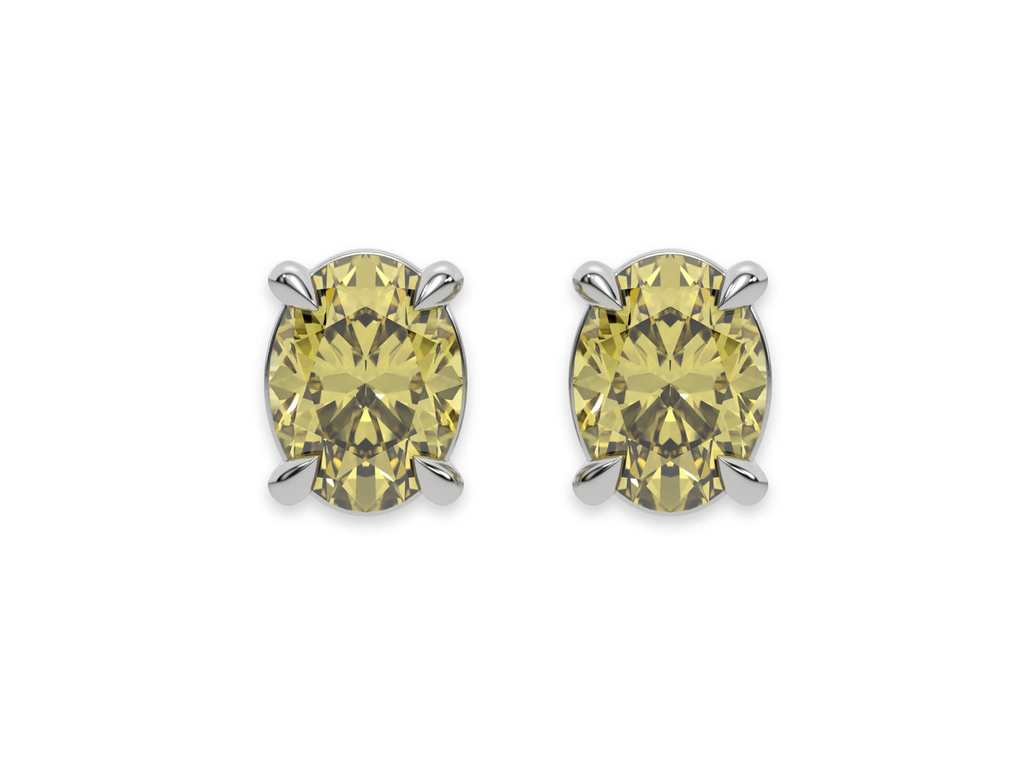 10k white gold oval diamond stud Earrings made with an fancy yellow oval cut diamond set in a four prong setting