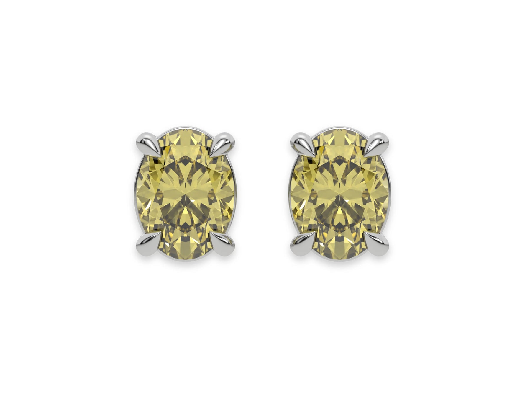 10k white gold oval diamond stud Earrings made with an fancy yellow oval cut diamond set in a four prong setting