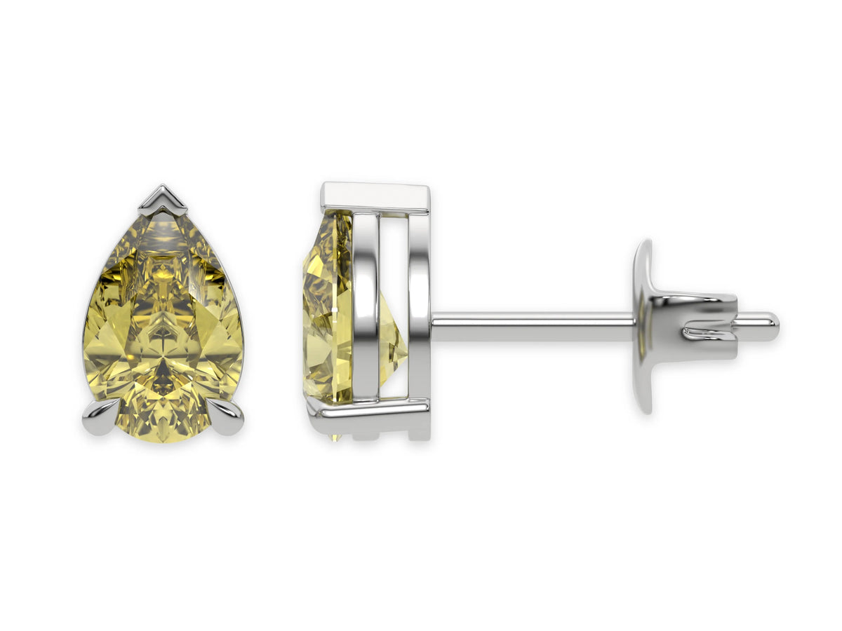 14k white gold Pear shaped diamond Earrings made with a fancy yellow pear shaped diamond set in a four prong setting