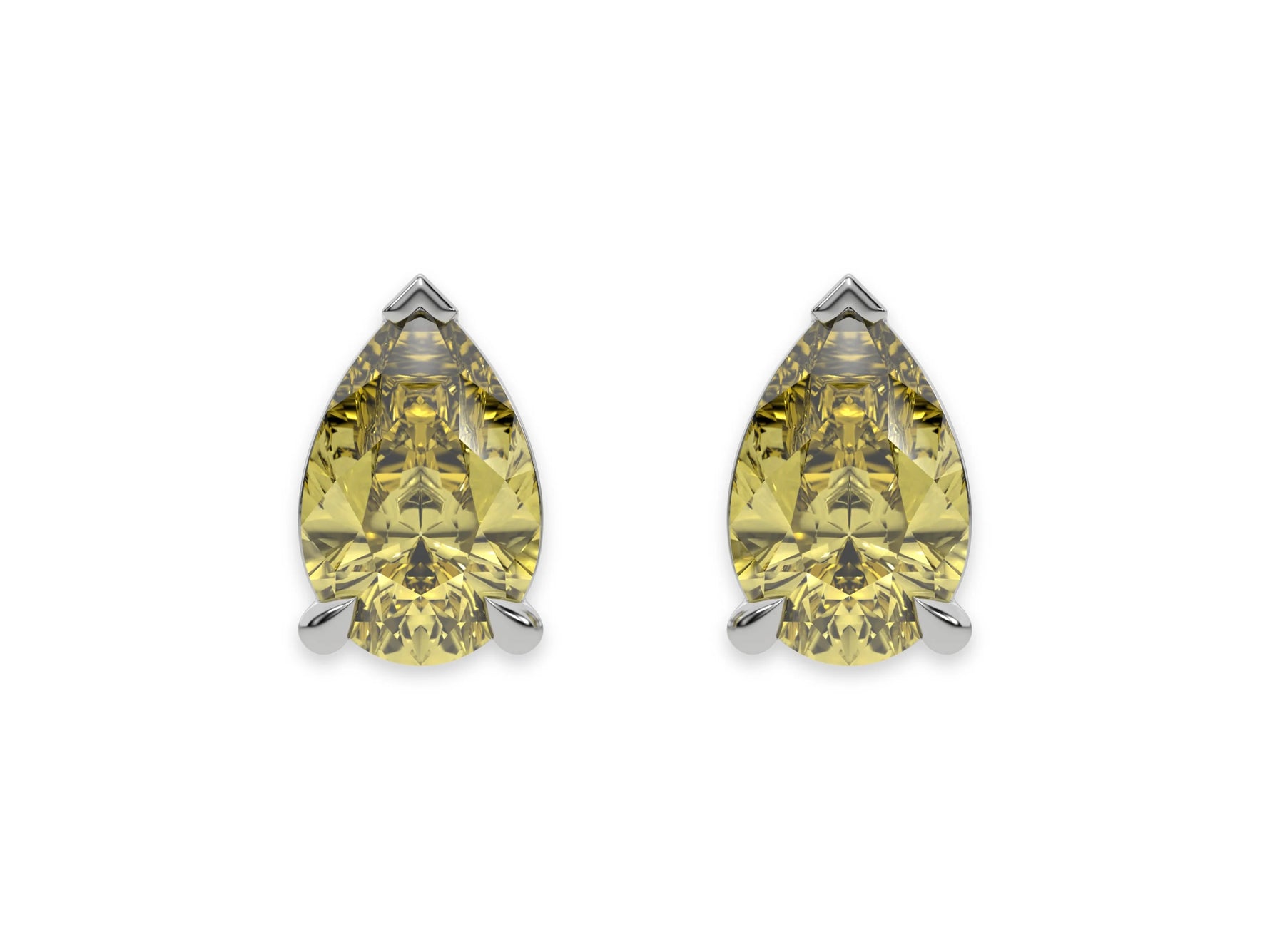 10k white gold Pear shaped diamond Earrings made with a fancy yellow pear shaped diamond set in a four prong setting