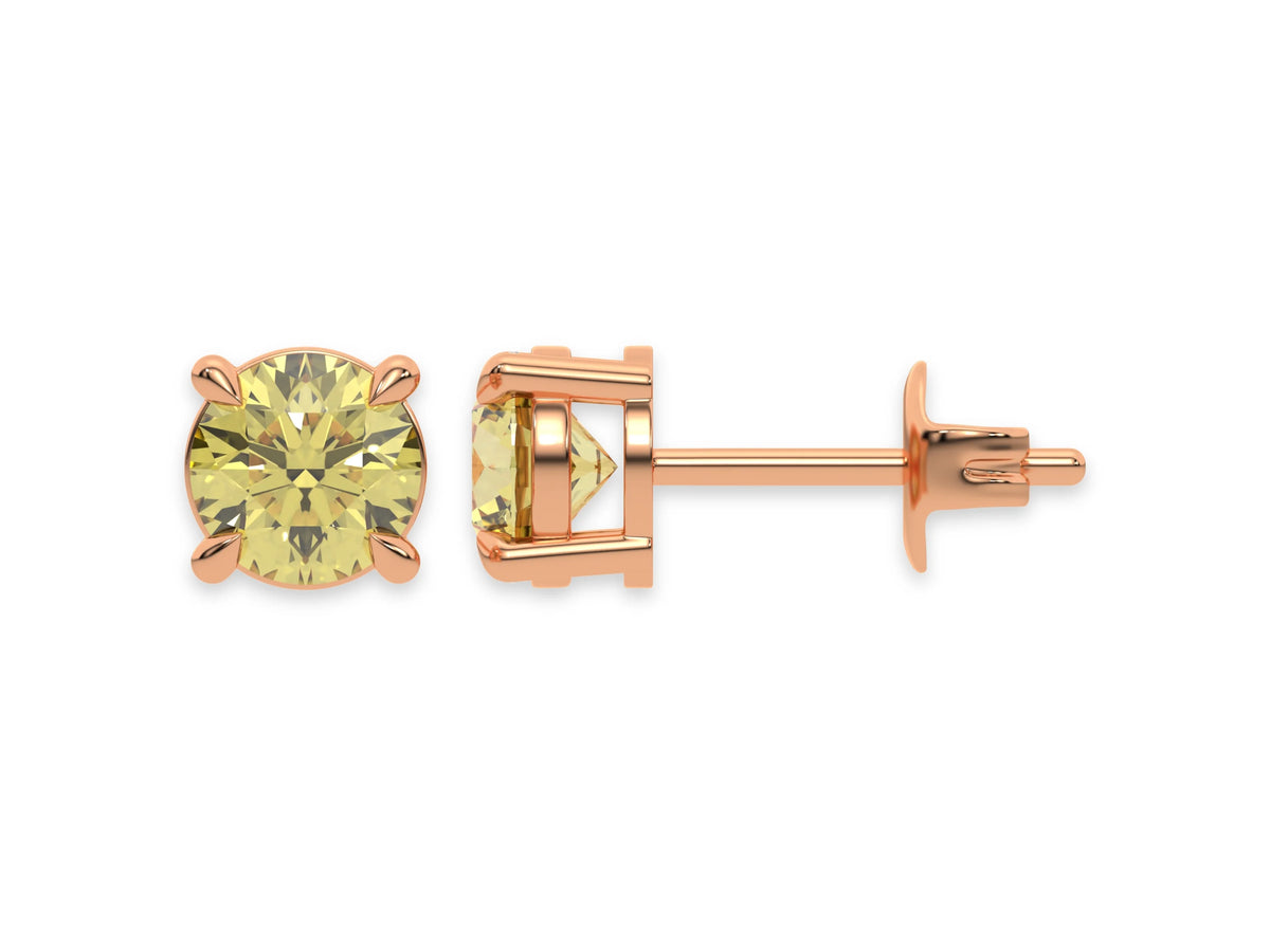 18k rose gold Round Diamond Studs made with fancy yellow round brilliant-cut diamonds set in a four prong setting