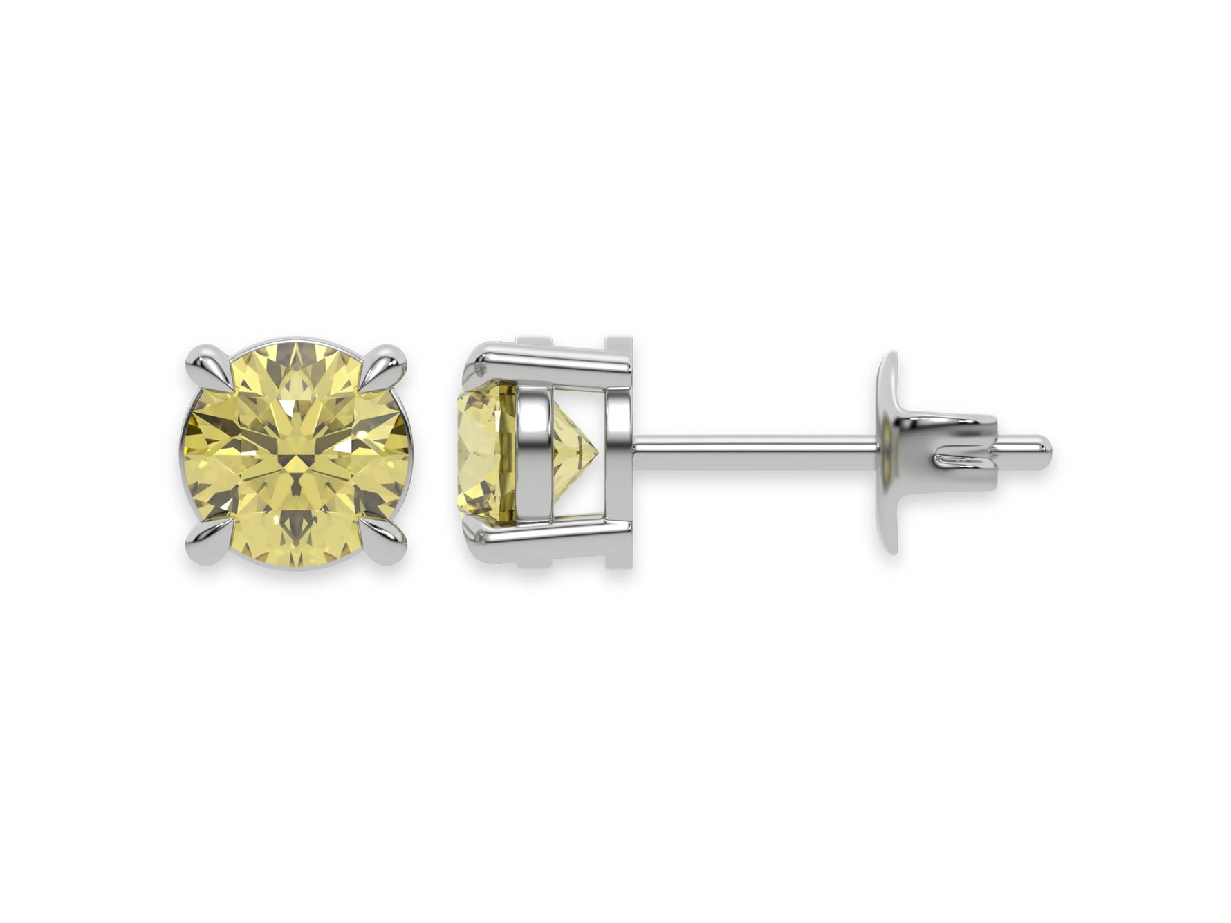 10k white gold Round Diamond Studs made with fancy yellow round brilliant-cut diamonds set in a four prong setting