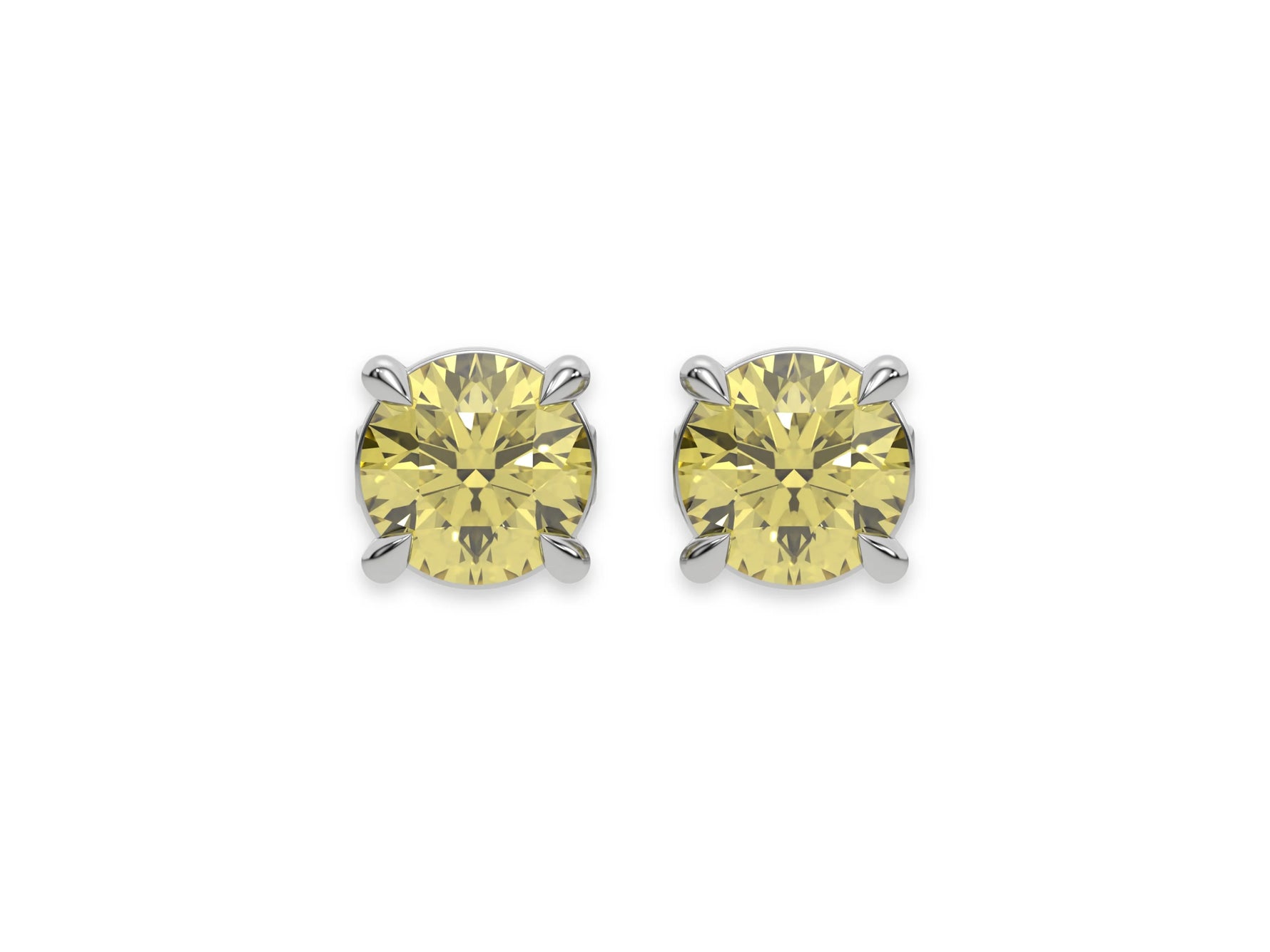 18k white gold Round Diamond Studs made with fancy yellow round brilliant-cut diamonds set in a four prong setting